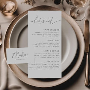 Minimalistische kaartsjabloonbundel voor menu en plaats, bewerkbare canvassjabloon, doe-het-zelfnaamkaarten, diner- en drankmenu, afdrukbaar bruiloftsbriefpapier