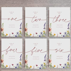 Cartes de numéro de table aquarelle fleurs sauvages, modèle modifiable, calligraphie élégante, signe de mariage imprimable, décoration florale pour centre de table