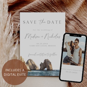May include: Save the Date wedding invitation with a photo of a couple on a beach. The invitation is for Madison and Nicholas, and the wedding is on May 25th, 20XX in Cabo San Lucas, Mexico.