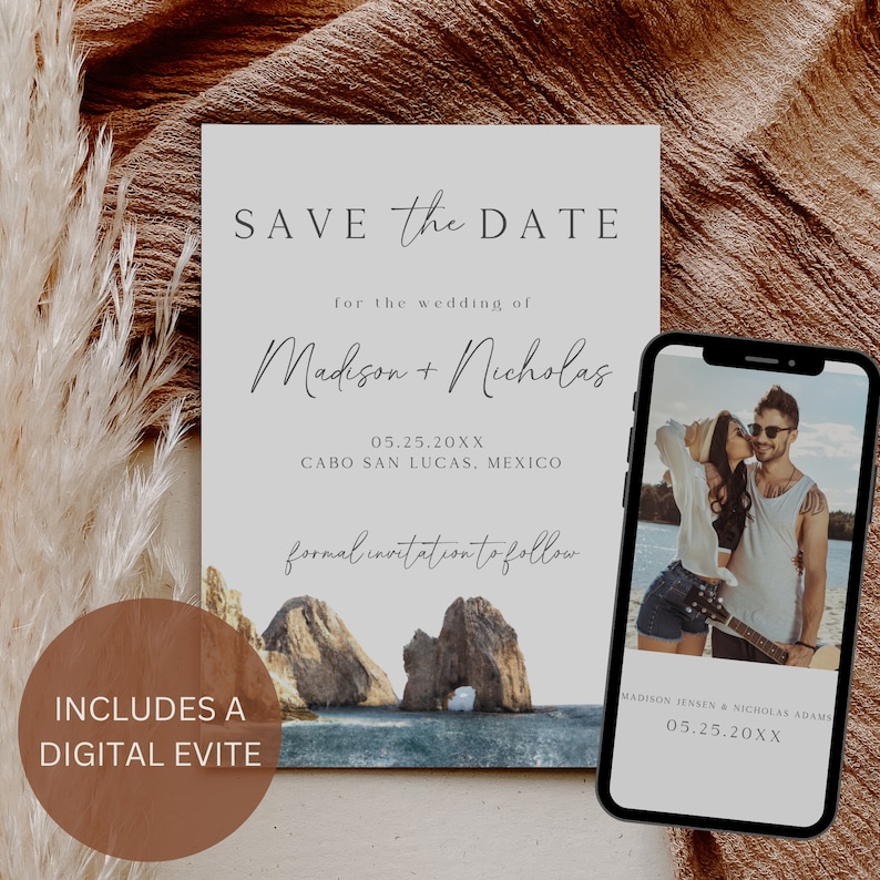 May include: Save the Date wedding invitation with a photo of a couple on a beach. The invitation is for Madison and Nicholas, and the wedding is on May 25th, 20XX in Cabo San Lucas, Mexico.