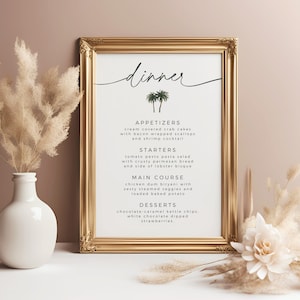 Modèle de Menu de mariage tropical modifiable, signalisation minimaliste de palmiers, enseigne de dîner de répétition de mariage de plage d'été, menu imprimable de dîner