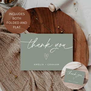 Plantilla de tarjeta de agradecimiento de boda verde salvia, plegada y plana, plantilla de agradecimiento de boda boho, tarjeta de boda imprimible, papelería de boda