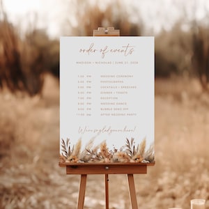 Herbst Blumen Hochzeit Auftrag der Ereignisse Zeichen, Hochzeitstag Reiseplan Timeline, vollständig bearbeitbare Canva Vorlage, Hochzeitsplaner, Sofort Download