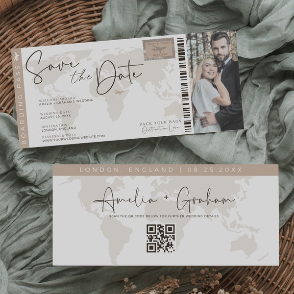 Boarding Pass Save The Date Destination Wedding Template, Travel Save The Date Ticket With Photo, Fun Unique Save Our Date, Canva Template