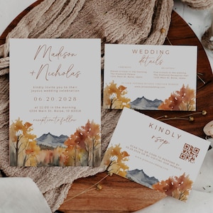 Suite de faire-part de mariage en montagne automnale, modèle de toile bricolage entièrement modifiable, invitation automne avec RSVP et cartes détaillées, téléchargement immédiat