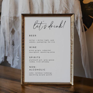 May include: A framed sign with the text "let's drink!" and a list of alcoholic and non-alcoholic beverages. The list includes beer, wine, spirits, and non-alcoholic options.