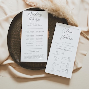 ミニマリストの結婚式プログラム テンプレート、結婚式の日程とイベントの順序、結婚式のスケジュール、結婚式当日のタイムライン、Canva で編集
