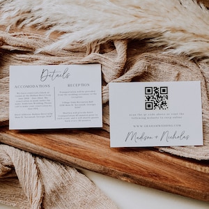 Détails minimalistes sur le mariage et carte RSVP, modèle entièrement modifiable, code QR moderne, carte de site Web de mariage, cartes d'invitation bohèmes