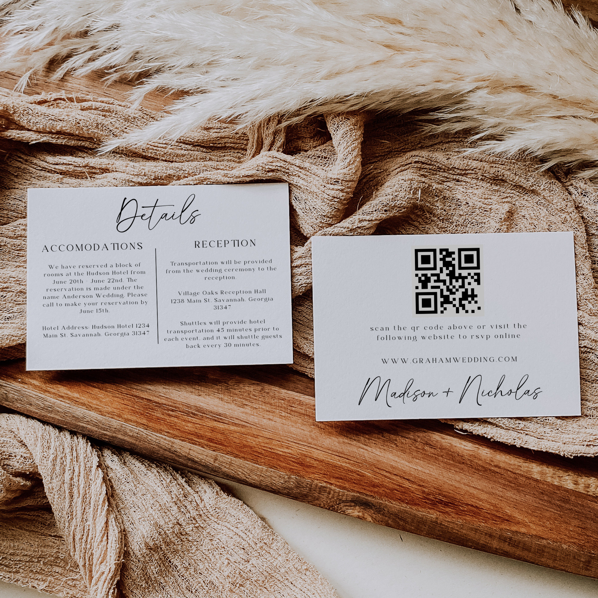Minimalist Wedding Details And RSVP Card, Fully Editable Template, Modern QR Code, Wedding Website Card, Boho Invitation Enclosure Cards