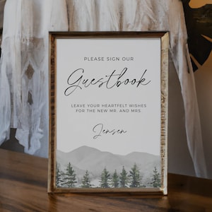 Plantilla de letrero de libro de visitas de montaña, letrero de libro de visitas de boda, decoración de recepción, señalización de boda boho, edición en Canva, descarga instantánea