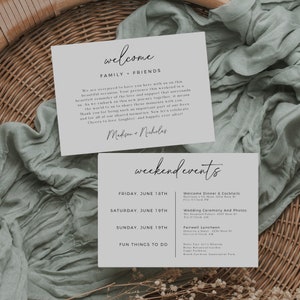 Carte d'événements de mariage minimaliste, modèle modifiable, note imprimable sur la pochette de bienvenue, édition sur toile, carte de bienvenue et de remerciement, téléchargement immédiat