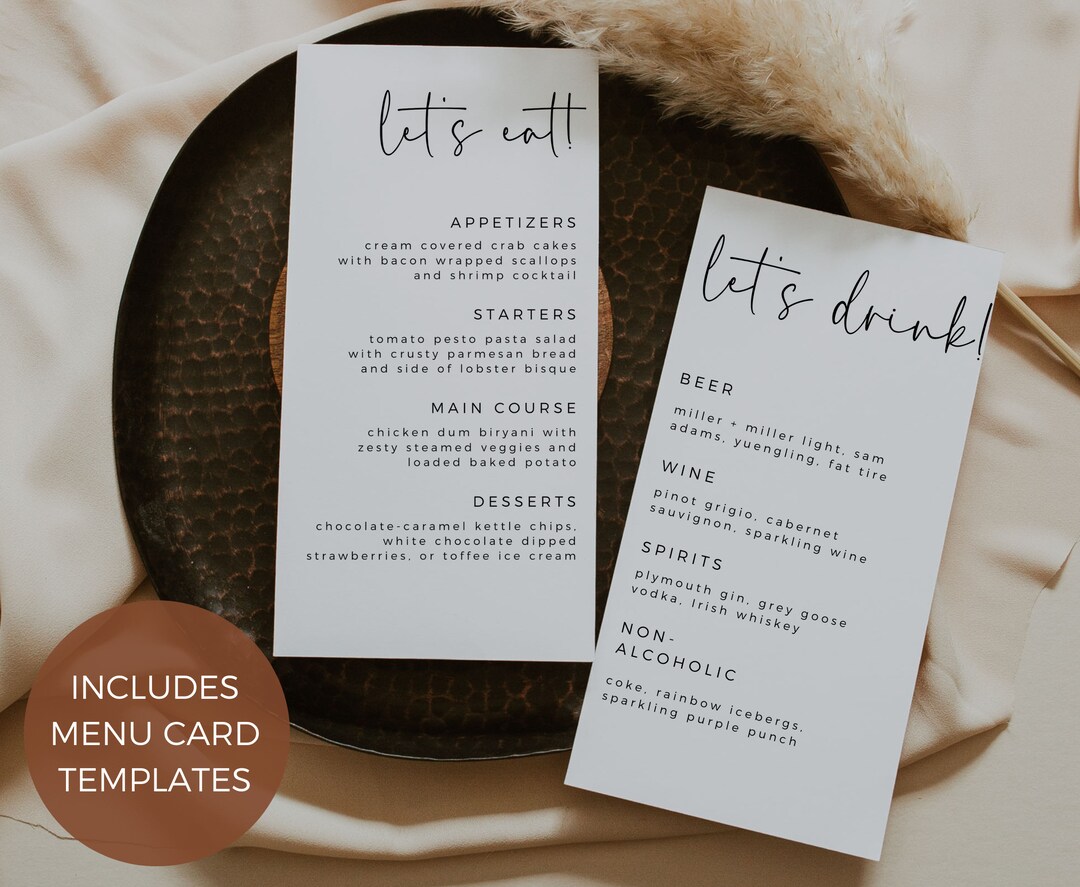 Wedding Bar and Dinner Menu Sign Set Wedding Menu Template Etsy