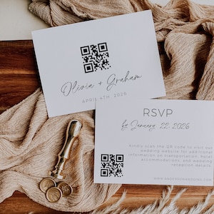 Puede incluir: Una invitación de boda blanca con un código QR y el texto "Olivia + Graham" y "Abril 4th, 2026". Una segunda tarjeta blanca con un código QR y el texto "RSVP antes del 22 de enero de 2026" y "Escanea el código QR para visitar nuestro sitio web de bodas para obtener información adicional sobre el transporte, el alojamiento en el hotel y los detalles de la recepción de la boda. WWW.ANDERSONWEDDING.COM".