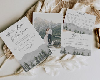 Minimalist Mountain Wedding Invitation Template, Outdoor Wedding, Rustic Forest Wedding Invite, Summer Wedding, Invitation Suite With Photo