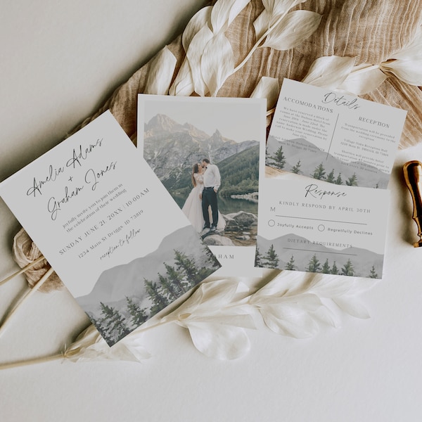 Minimalist Mountain Wedding Invitation Template, Outdoor Wedding, Rustic Forest Wedding Invite, Summer Wedding, Invitation Suite With Photo
