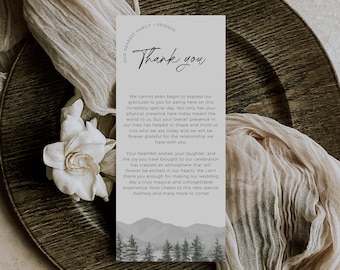 Carte de place de remerciement montagne, carte de remerciement pour menu de mariage imprimable, note de serviette bohème, modèle de carte de lieu de mariage, édition sur Canva