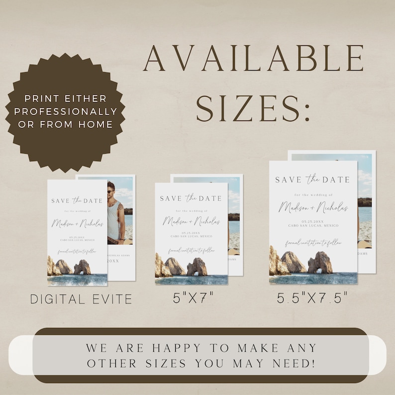 May include: Three save the date cards with a beach scene and the text "Save the Date" for the wedding of Madison and Nicholas. The cards are available in three sizes: digital evite, 5 inches by 7 inches, and 5.5 inches by 7.5 inches.