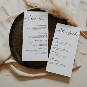 Modelo de menu de casamento minimalista, menu de jantar de casamento Boho, menu de bebidas de casamento para impressão, sinal moderno de vamos beber, download instantâneo