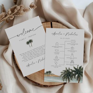 Modello modificabile per la busta di benvenuto per matrimonio, inserto per itinerario con palme sulla spiaggia, cronologia del weekend estivo sull'isola, matrimonio a destinazione stampabile