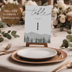 Berg Tischnummern, bearbeitbare Vorlage, Tischnummernkarten, Boho-Hochzeitsschild, Hochzeitsbeschilderung, digitaler Download, Sitzplankarten