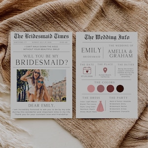 Newspaper Bridesmaid Proposal, Flower Holder Bridesmaid Info Card, Printable Maid Of Honor Proposal, Be My Bridesmaid, Editable Template
