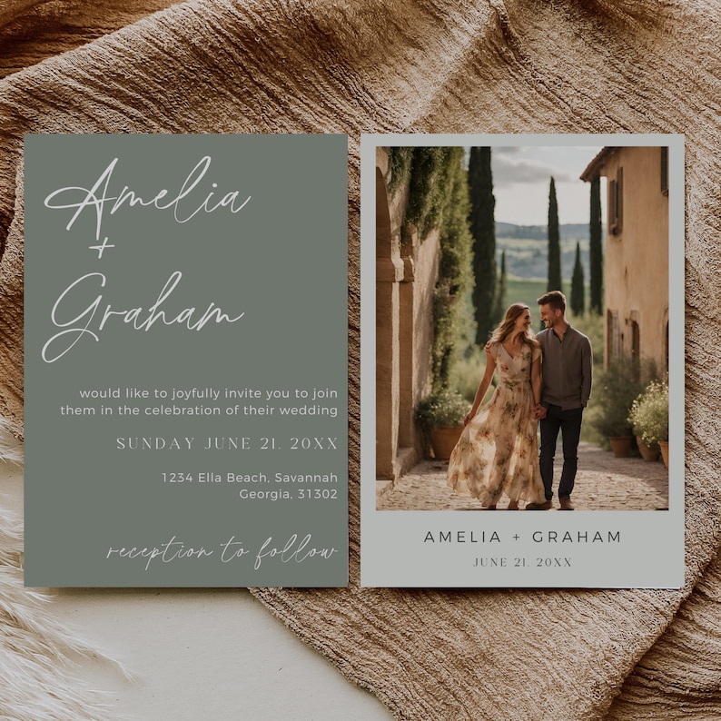 May include: A wedding invitation with a sage green background and a photo of a couple walking down a cobblestone street. The invitation reads "Amelia + Graham" and includes the date "Sunday June 21, 20XX" and the location "1234 Ella Beach, Savannah, Georgia, 31302". The invitation also includes the text "reception to follow".