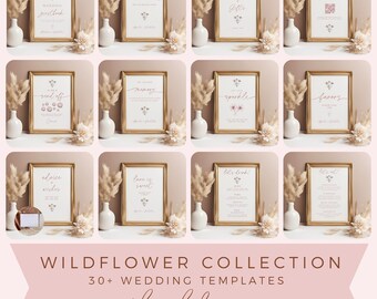 Minimalist Wildflower Wedding Sign Bundle, Editable Canva Templates, DIY Spring Floral Ceremony And Reception Signs, Printable Wedding Decor