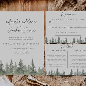 Pine Wedding Invitation Suite, Forest Wedding Invitation Template, Pine Tree Wedding Stationary, Outdoor Wedding Invite, Summer Wedding image 2