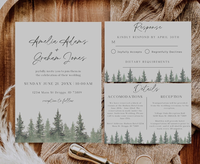 Pine Wedding Invitation Suite, Forest Wedding Invitation Template, Pine Tree Wedding Stationary, Outdoor Wedding Invite, Summer Wedding image 2