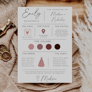 May include: A bridesmaid card with a pink and black color scheme. The card includes the bride's name, the date of the wedding, the location, the bridesmaid's duties, and the names of the bridal party.