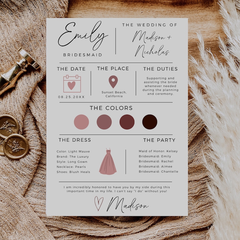 May include: A bridesmaid card with a pink and black color scheme. The card includes the bride's name, the date of the wedding, the location, the bridesmaid's duties, and the names of the bridal party.