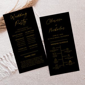黒と金の結婚式プログラム テンプレート、結婚式当日のタイムライン、イベントの順序、カスタム式プログラム、Canva で編集可能、即時ダウンロード
