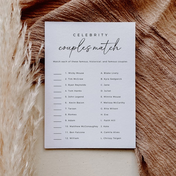 Celebrity Couples Match, Bridal Shower Game, Match These Famous Couples, Engagement Party Games, Editable Template, Modern Minimalist