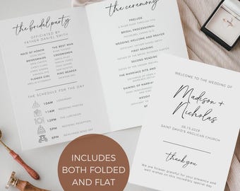 Folded And Flat Wedding Program, Editable Template, Wedding Program Brochure Booklet, Modern Minimalist, Wedding Day Timeline