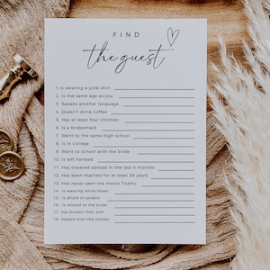 Minimalist Find The Guest Game, Bridal Shower Ideas, Editable Template, Find Someone Who, Boho Bridal Shower Game, Instant Download