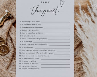 Minimalist Find The Guest Game, Bridal Shower Ideas, Editable Template, Find Someone Who, Boho Bridal Shower Game, Instant Download