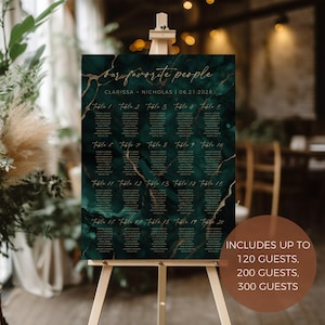 May include: A green and gold marble-patterned wedding seating chart with the text "our favorite people" and "CLARISSA + NICHOLAS | 06.21.2028". The chart includes table numbers from 1 to 20 and lists guest names under each table number. The chart is displayed on an easel.