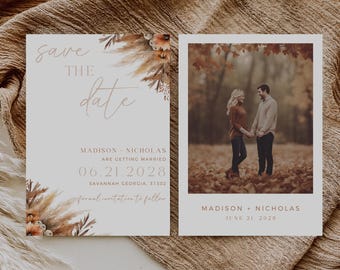 May include: Save the date card with a watercolor floral design in shades of brown and orange. The card features a photo of a couple in a fall setting. The text on the card reads "Save the date" and "Madison & Nicholas are getting married June 21, 2028".