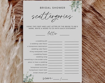 Greenery Bridal Shower Scattergories, Printable Bridal Shower Game, Editable Template, Instant Download, Edit In Canva, Printable Game