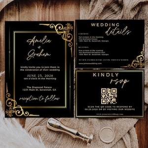 Invitación de boda Art Déco, invitación gótica Gatsby, papelería de boda única, conjunto de invitaciones de boda en negro y dorado, plantillas editables