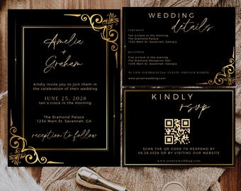 Puede incluir: Invitación de boda negra y dorada con un borde decorativo. La invitación presenta los nombres Amelia y Graham, la fecha de la boda el 25 de junio de 2028 y el lugar The Diamond Palace. La invitación también incluye un código QR para RSVP.