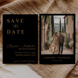 Schwarz Gold Save The Date, minimalistische Hochzeitsansage mit Foto, bearbeiten in Canva, sofortiger Download, vollständig bearbeitbare Vorlage