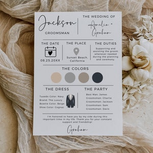 May include: A wedding announcement card for a groomsman named Jackson. The card features a calendar icon with the date 08.25.20XX, a location icon with the text "Sunset Beach, California", and a color palette with beige, gray, and dark blue colors. The card also includes a tuxedo icon and text describing the groomsman's duties, the wedding party, and the groom's message of thanks.