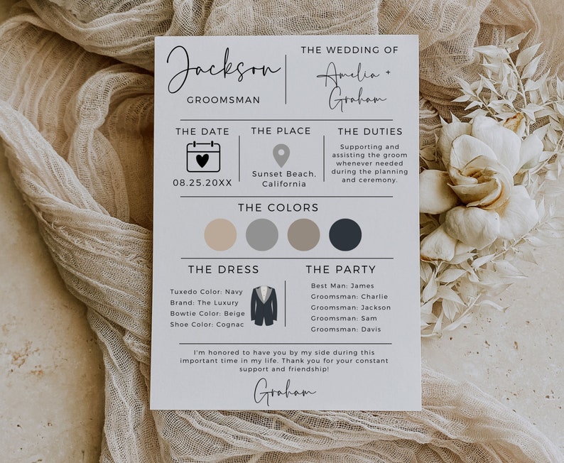 May include: A wedding announcement card for a groomsman named Jackson. The card features a calendar icon with the date 08.25.20XX, a location icon with the text "Sunset Beach, California", and a color palette with beige, gray, and dark blue colors. The card also includes a tuxedo icon and text describing the groomsman's duties, the wedding party, and the groom's message of thanks.