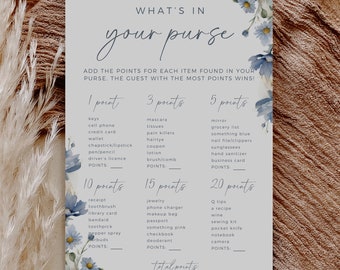 Dusty Blue Floral What's In Your Purse Game, Printable Bridal Shower Activity Template, Instant Download, Editable In Canva