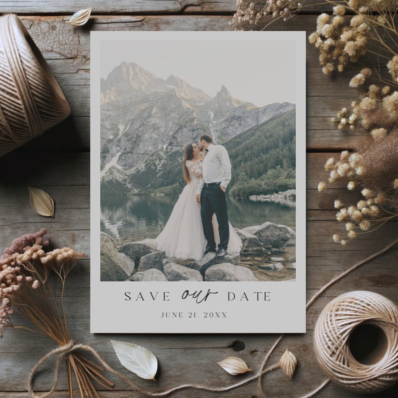 Minimalist Mountain Wedding Save The Date, Editable Template, Outdoor Wedding, Rustic Forest Wedding Announcement, Photo Save The Date image 2