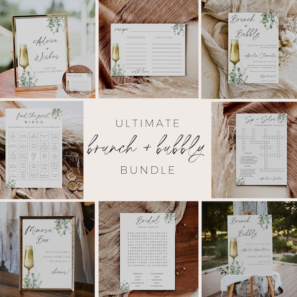 Brunch And Bubbly Bundle, Printable Bridal Shower Game Templates, Editable In Canva, Instant Download, Bohemian Bridal Brunch Invitation Set