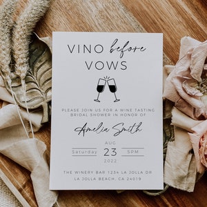 Vino Before Vows Invitation, Wine Tasting Bridal Shower Template, Boho Wine Bridal Party Invite, Minimalist Winery Invitation, Edit In Canva