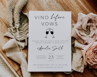 Vino Before Vows Invitation, Wine Tasting Bridal Shower Template, Boho Wine Bridal Party Invite, Minimalist Winery Invitation, Edit In Canva