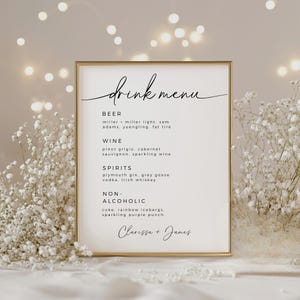 Enseigne de menu de boisson de mariage élégante, modèle de toile bricolage entièrement modifiable, signalisation de bar de mariage minimaliste imprimable, décoration de signe de cocktail bohème